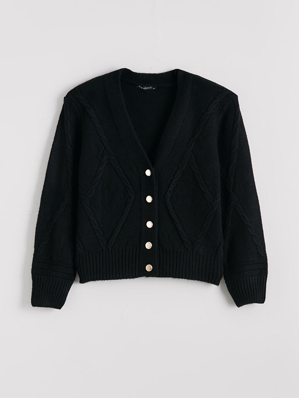 Siyah V Yaka Kendinden Desenli Kadın Triko Hırka-4