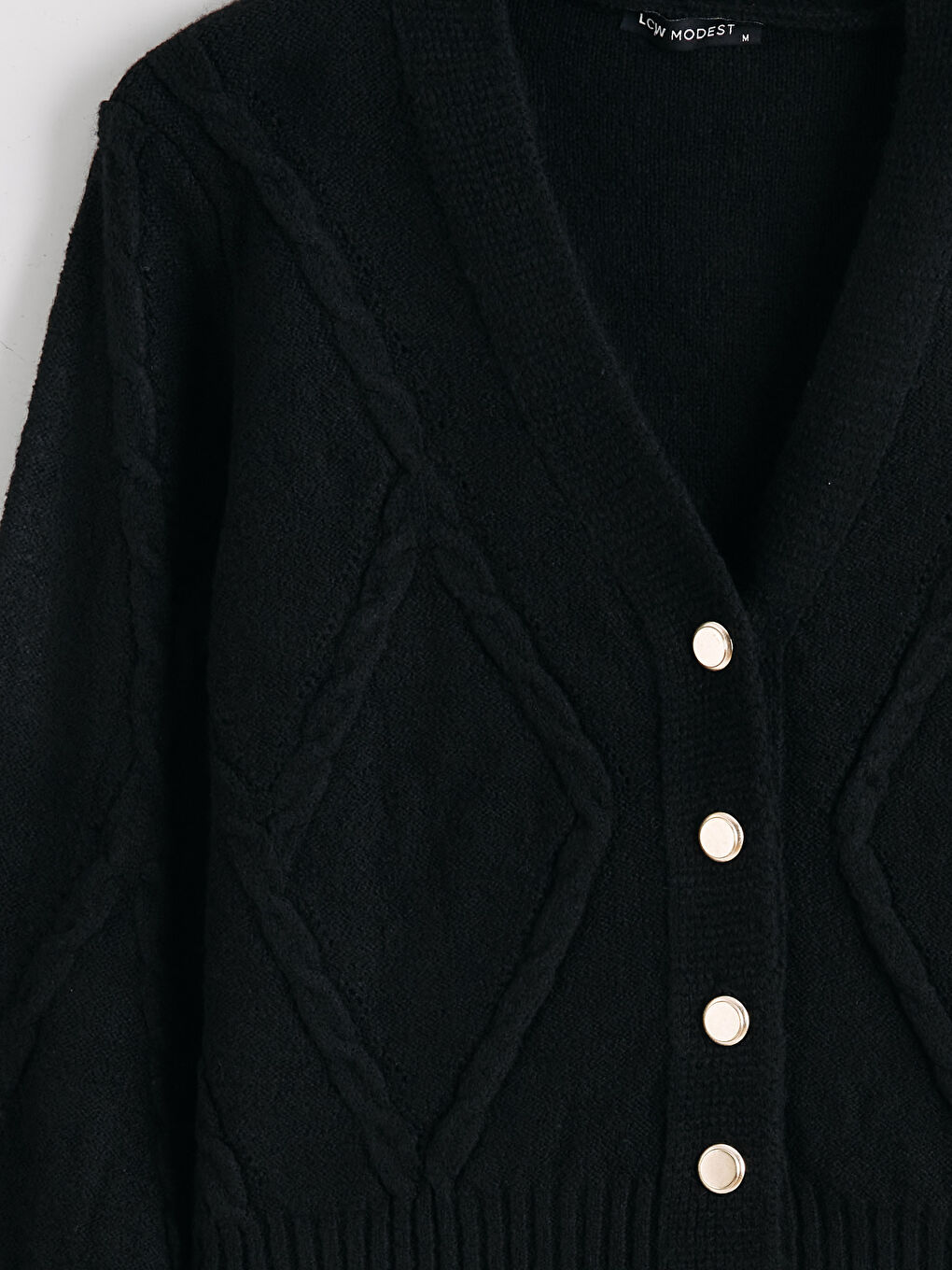 Siyah V Yaka Kendinden Desenli Kadın Triko Hırka-5