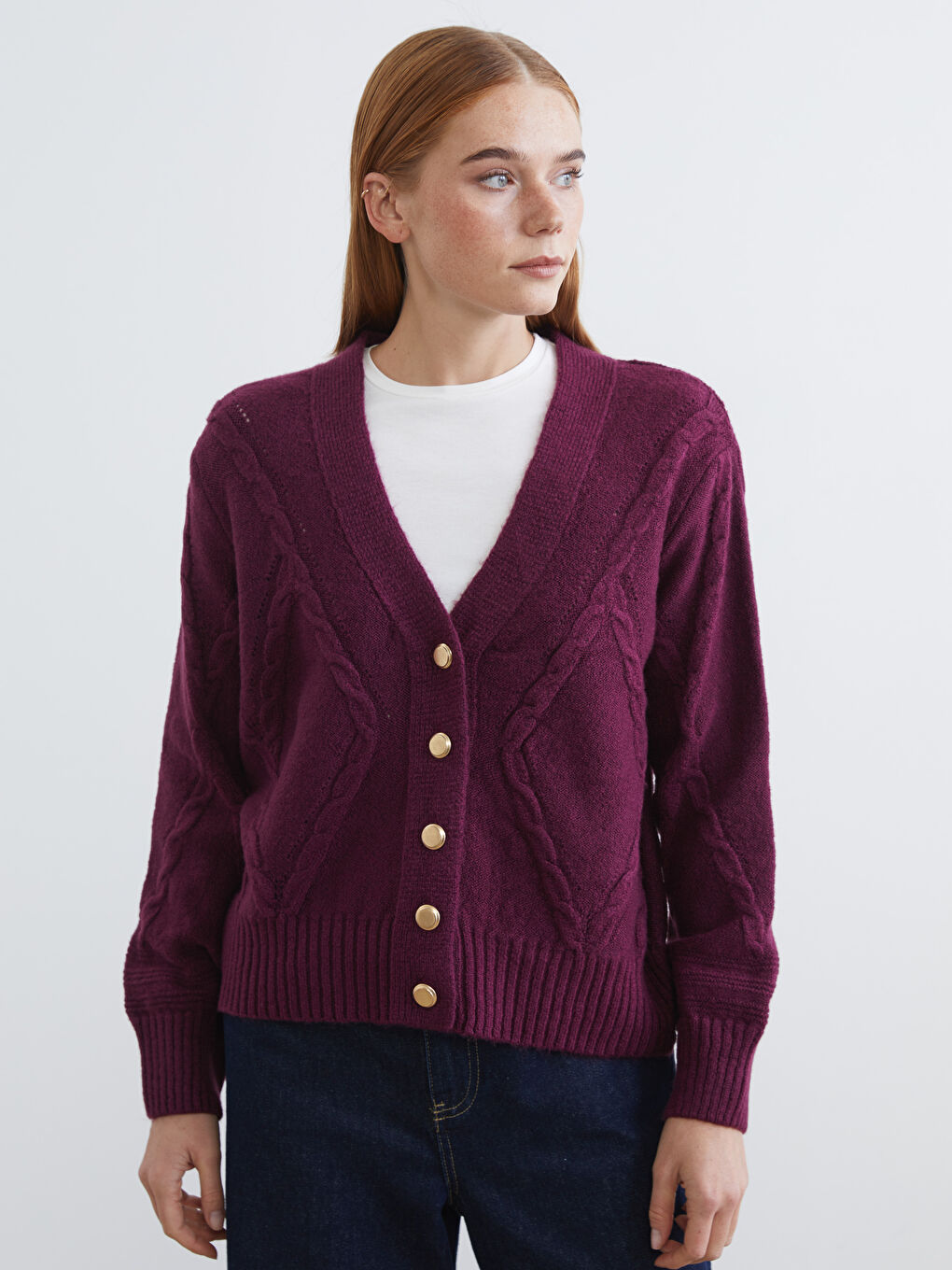 Bordo V Yaka Kendinden Desenli Kadın Triko Hırka