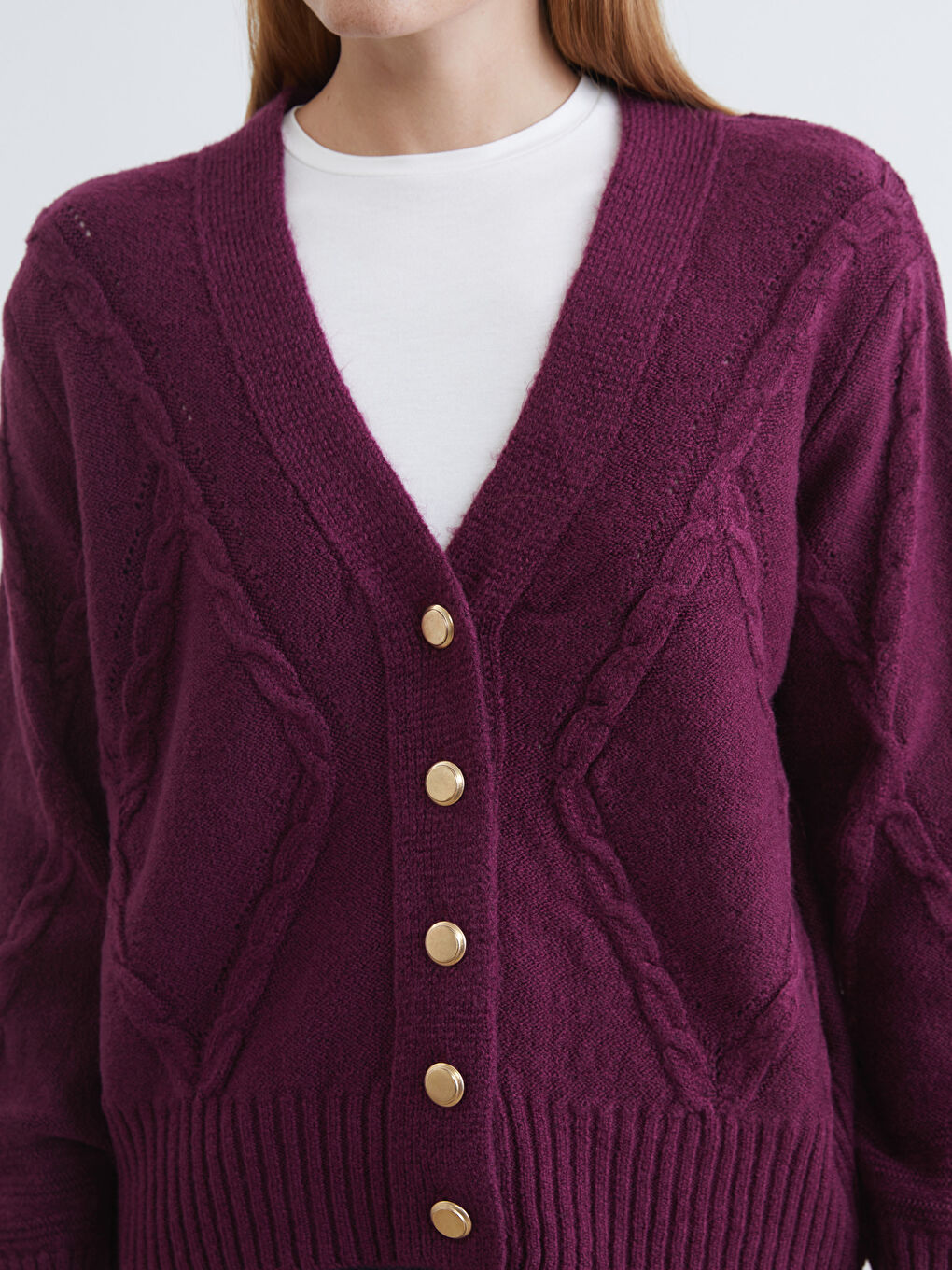 Bordo V Yaka Kendinden Desenli Kadın Triko Hırka-2