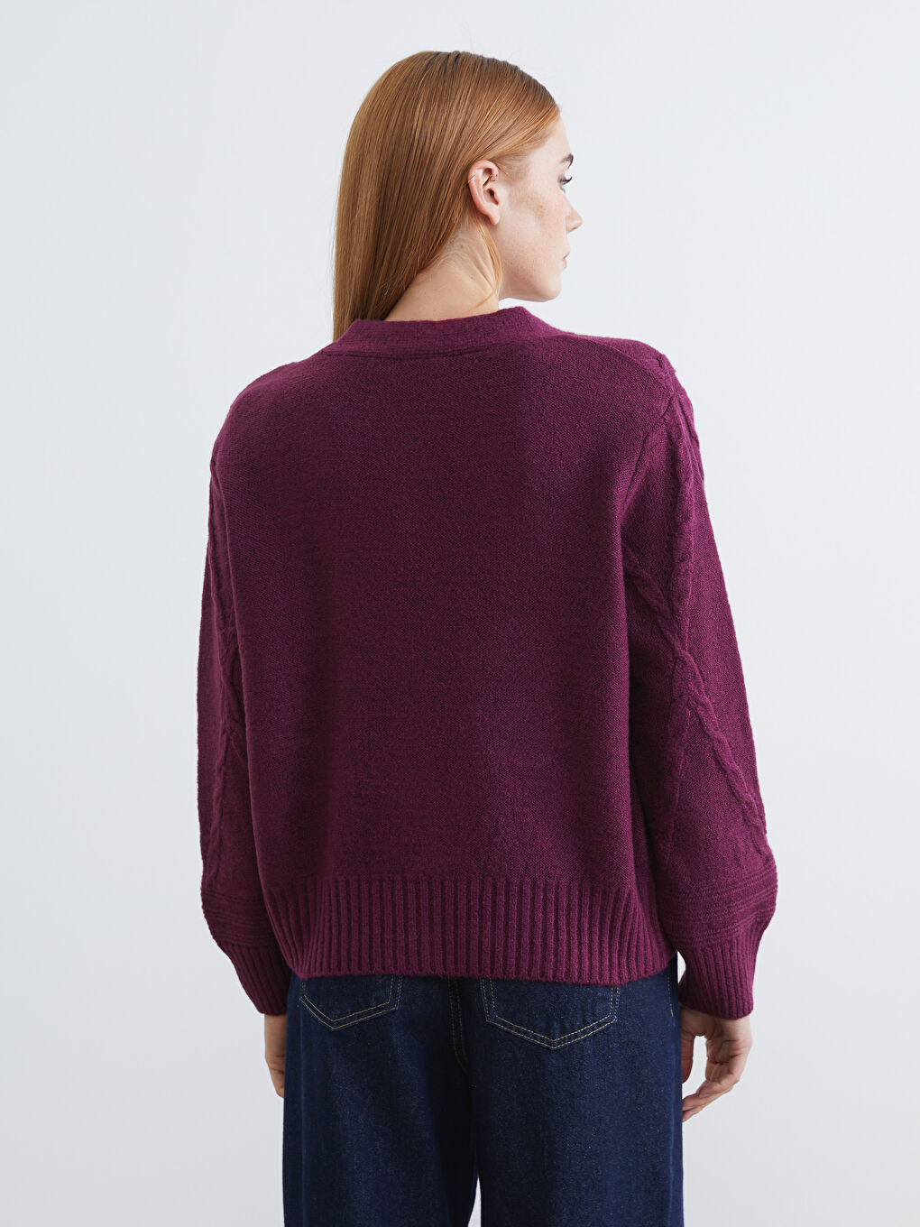 Bordo V Yaka Kendinden Desenli Kadın Triko Hırka-3