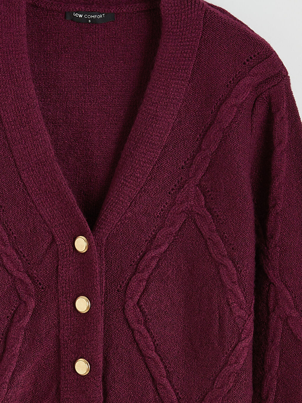 Bordo V Yaka Kendinden Desenli Kadın Triko Hırka-5