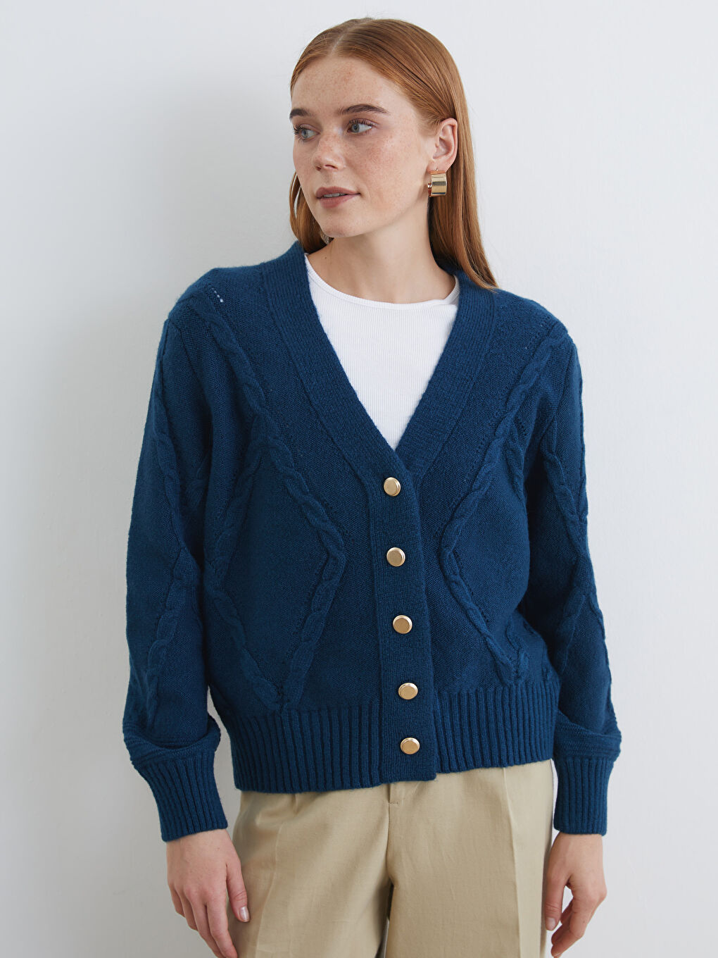 V Neck Patterned Women's Knitwear Cardigan