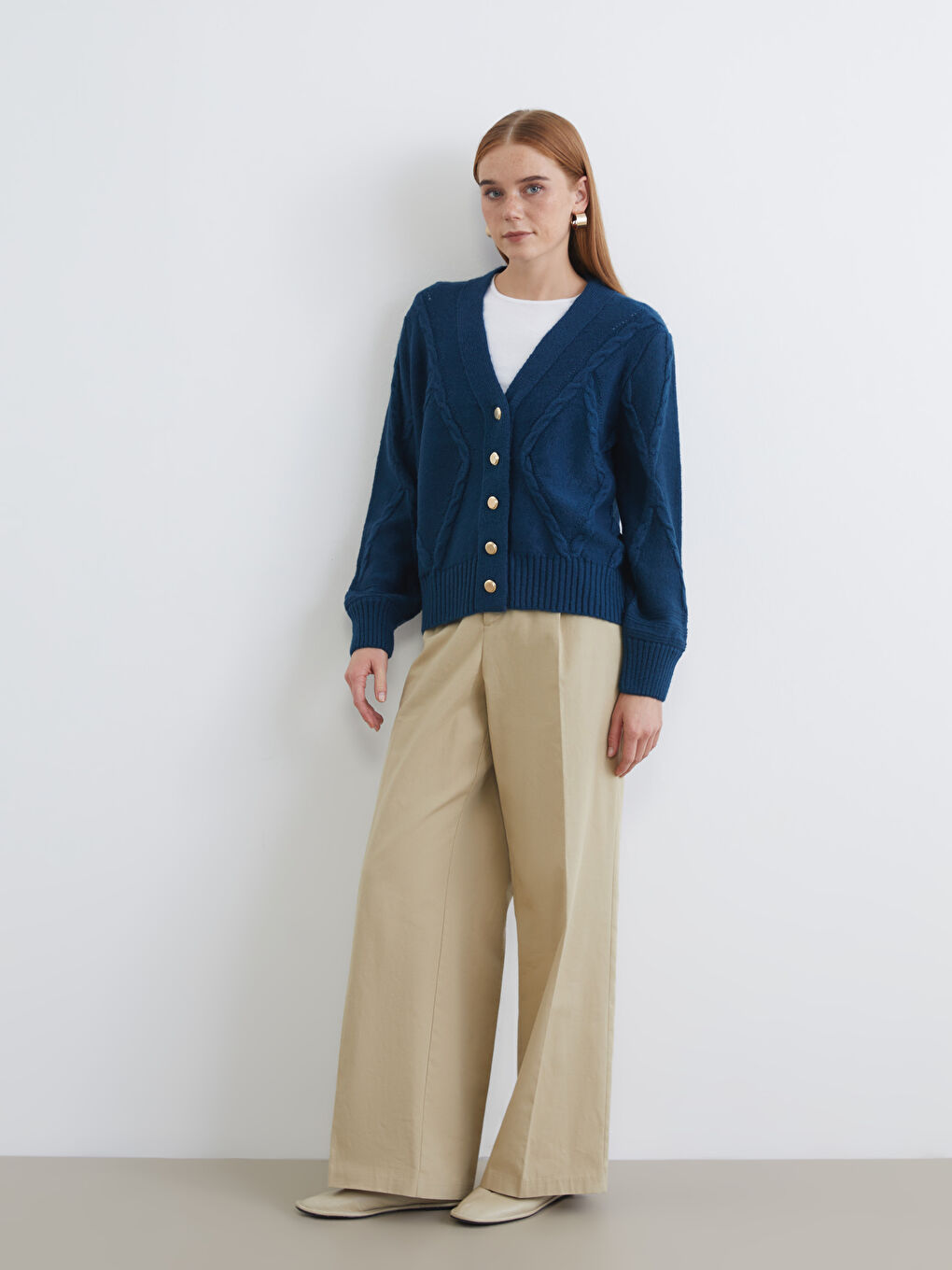 V Neck Patterned Women's Knitwear Cardigan-1