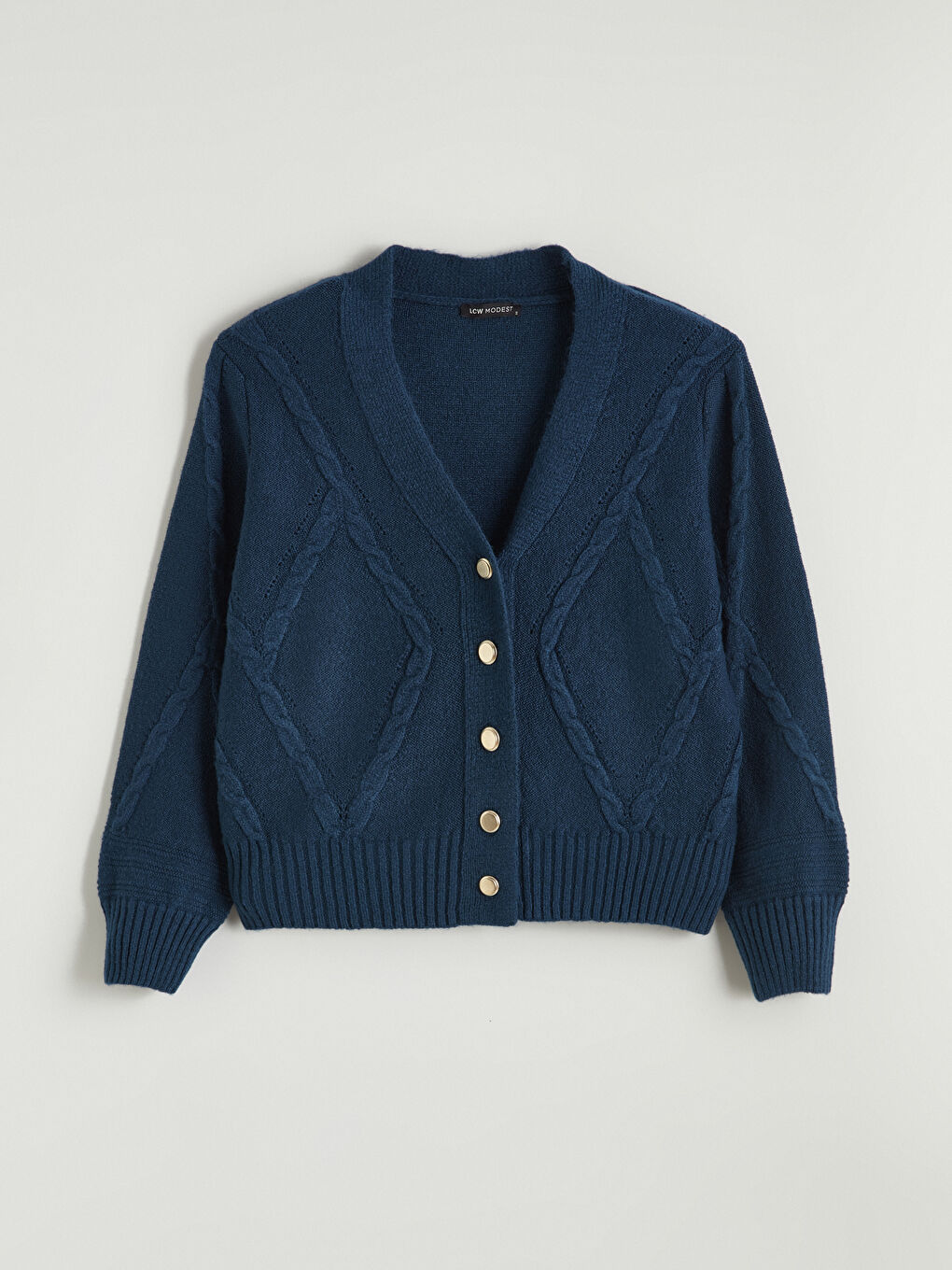 Petrol V Yaka Desenli Kadın Triko Hırka