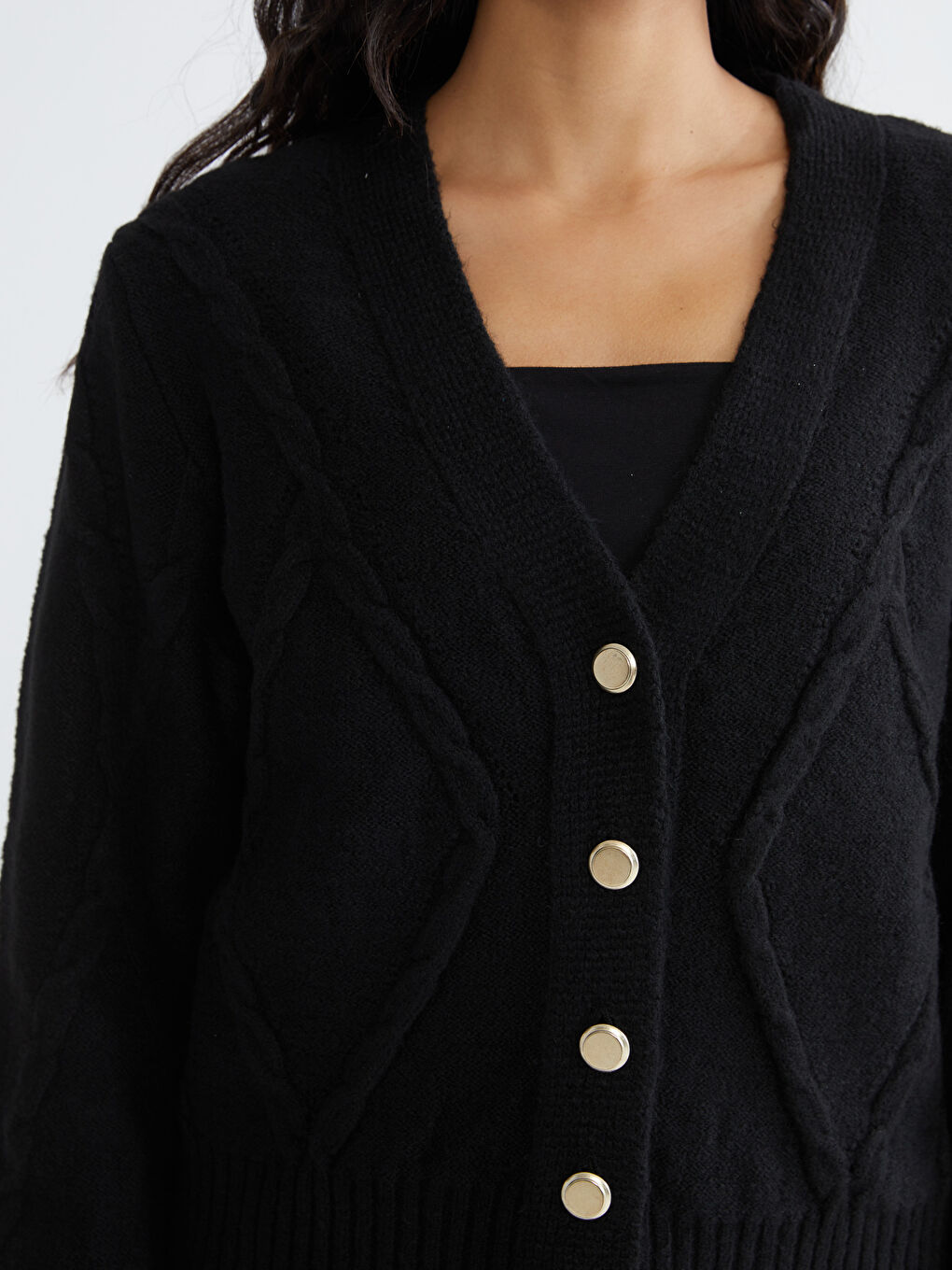 Siyah V Yaka Kendinden Desenli Kadın Triko Hırka-2