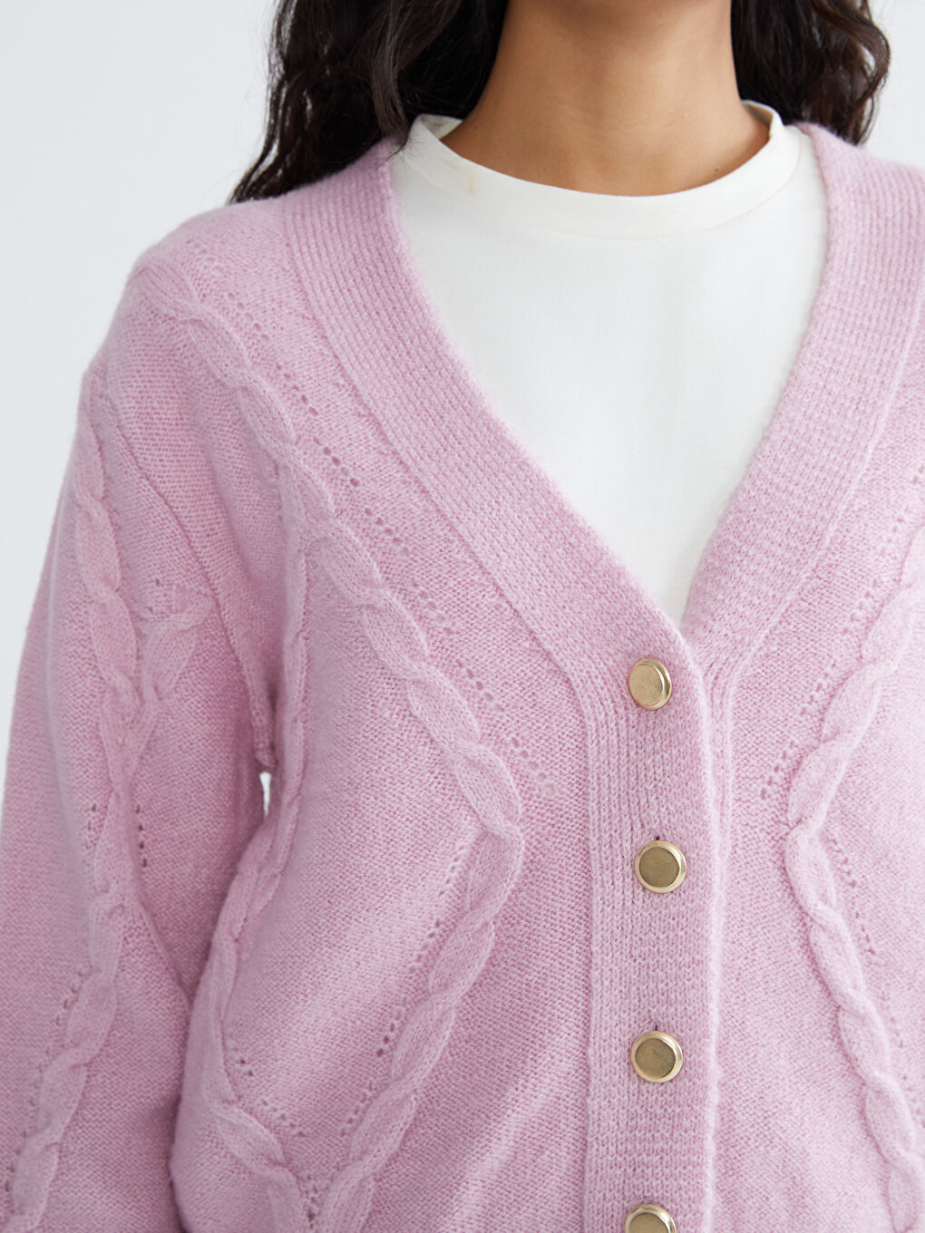 Pembe V Yaka Kendinden Desenli Kadın Triko Hırka-2