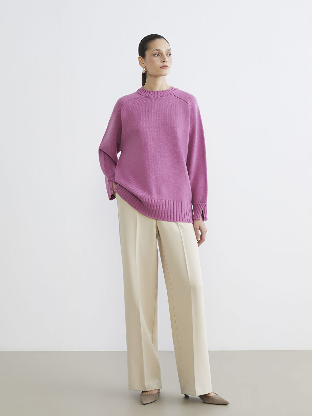 Pembe Bisiklet Yaka Oversize Kadın Triko Tunik-1