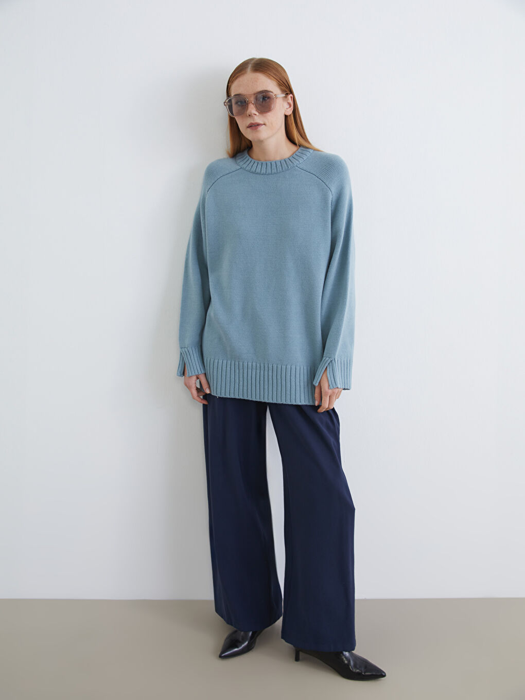 Yeşil Bisiklet Yaka Oversize Kadın Triko Tunik-1