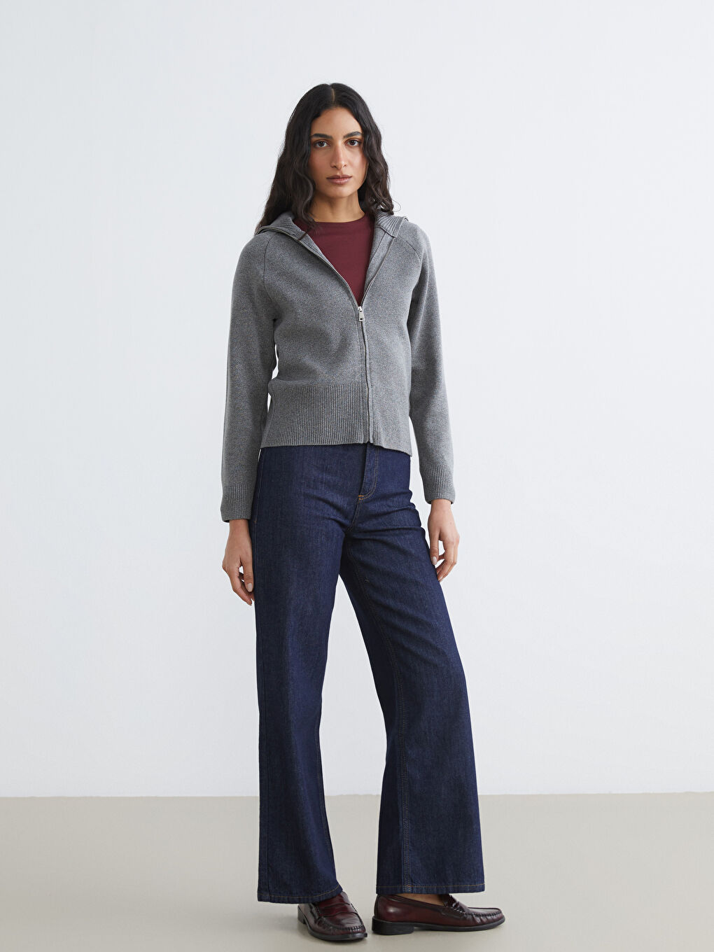 Gri Polo Yaka Kadın Triko Hırka	-1