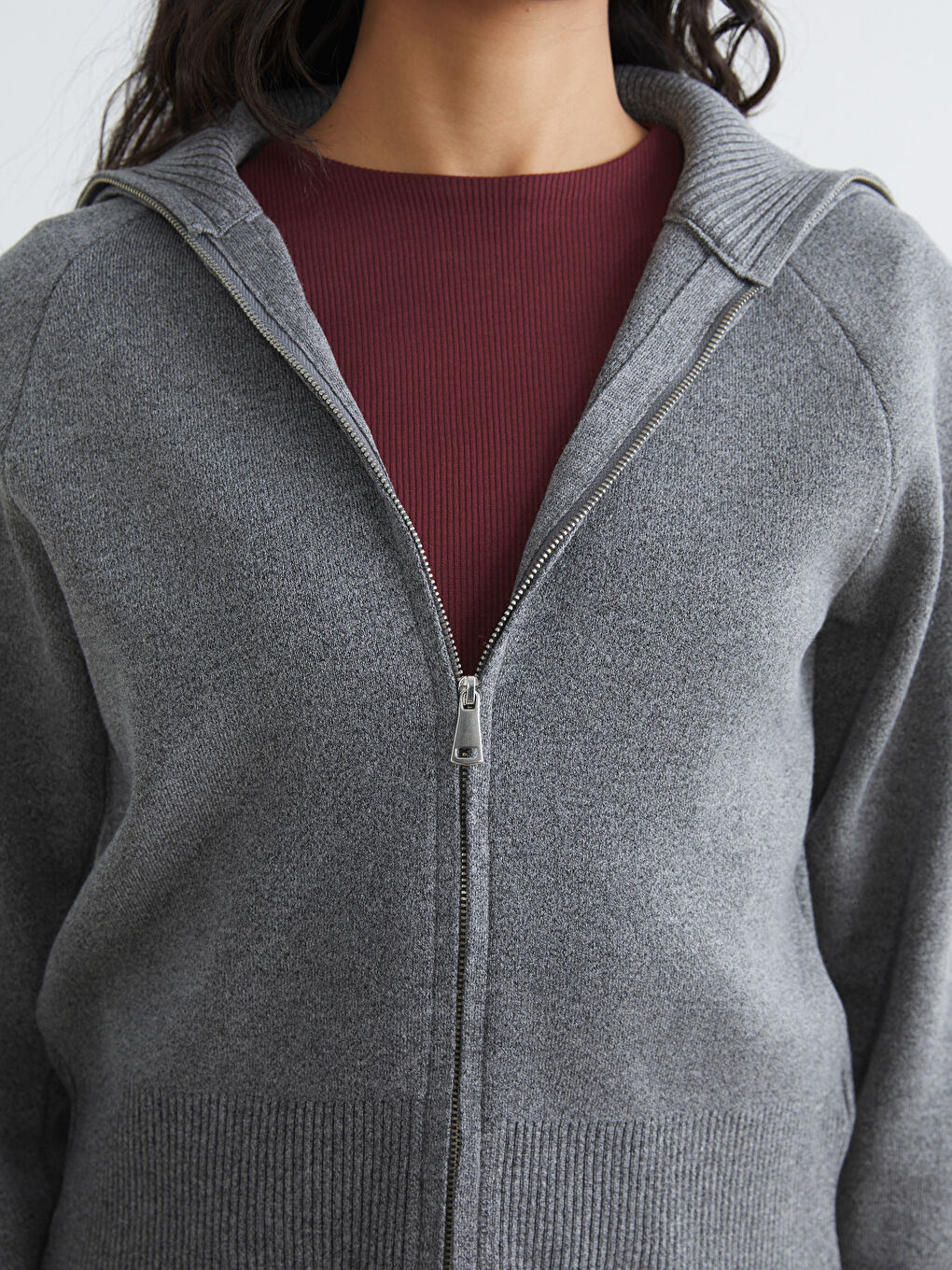 Gri Polo Yaka Kadın Triko Hırka	-2