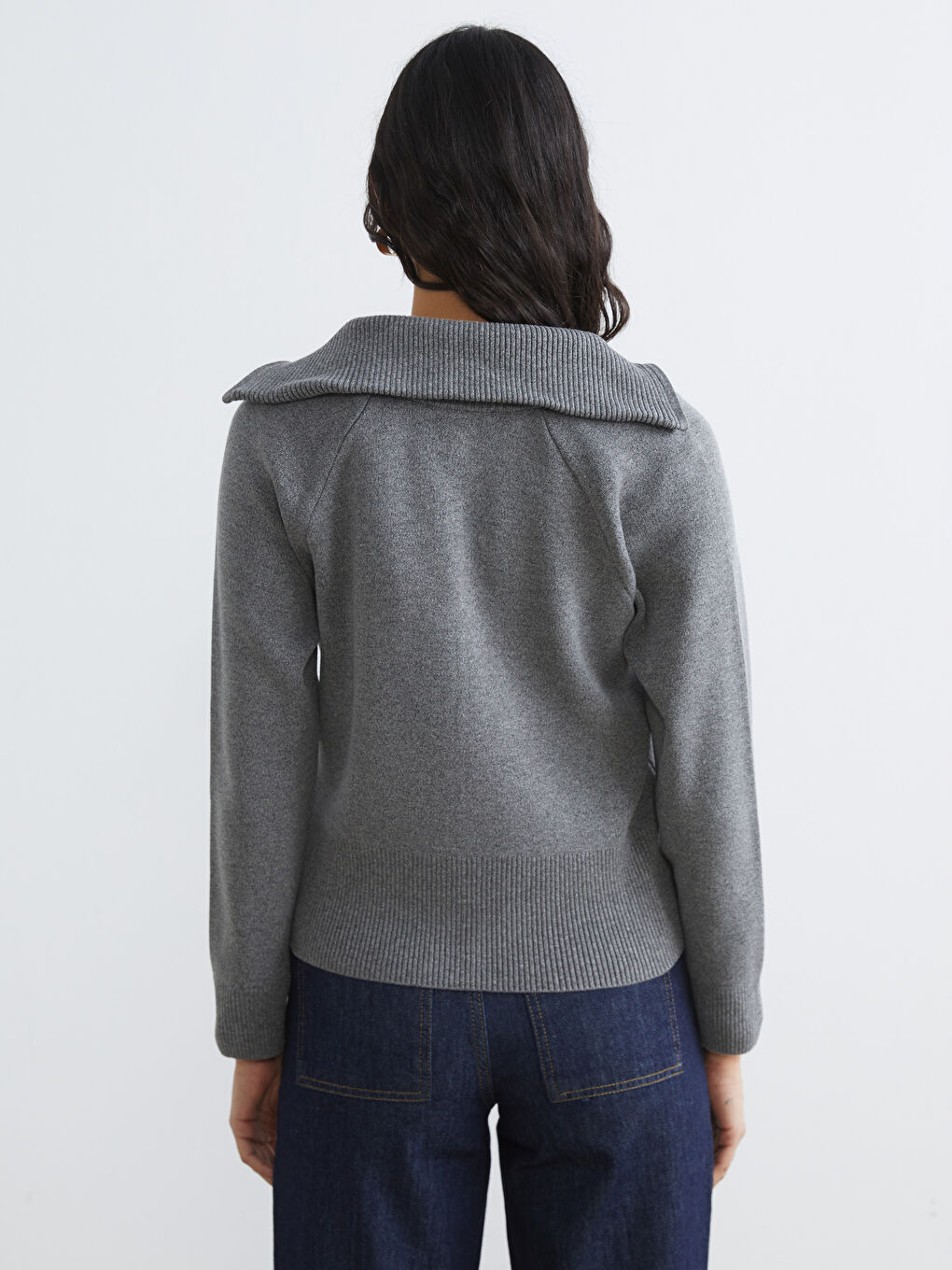 Gri Polo Yaka Kadın Triko Hırka	-3