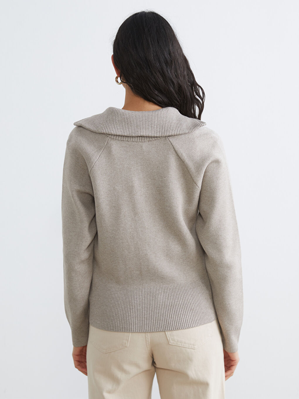 Bej Polo Yaka Kadın Triko Hırka	-3