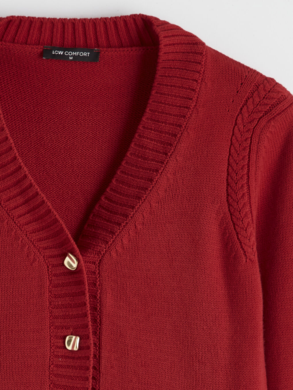 Kırmızı V Yaka Kendinden Desenli Kadın Triko Hırka	-1