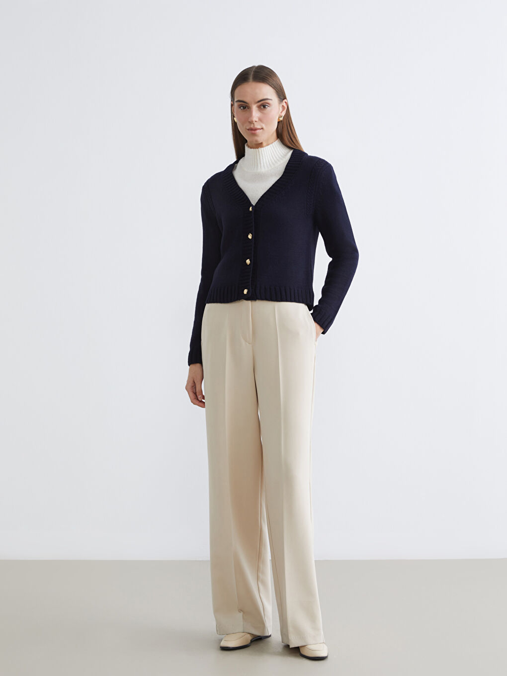 Lacivert V Yaka Kendinden Desenli Kadın Triko Hırka	-1