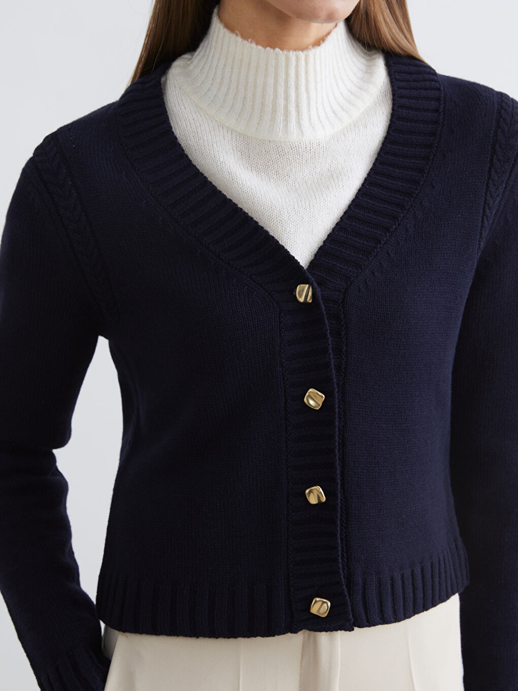 Lacivert V Yaka Kendinden Desenli Kadın Triko Hırka	-2