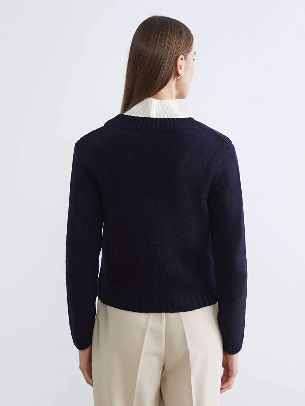 Lacivert V Yaka Kendinden Desenli Kadın Triko Hırka	-3