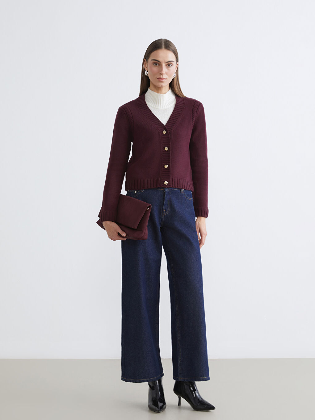 Bordo V Yaka Kendinden Desenli Kadın Triko Hırka	-1