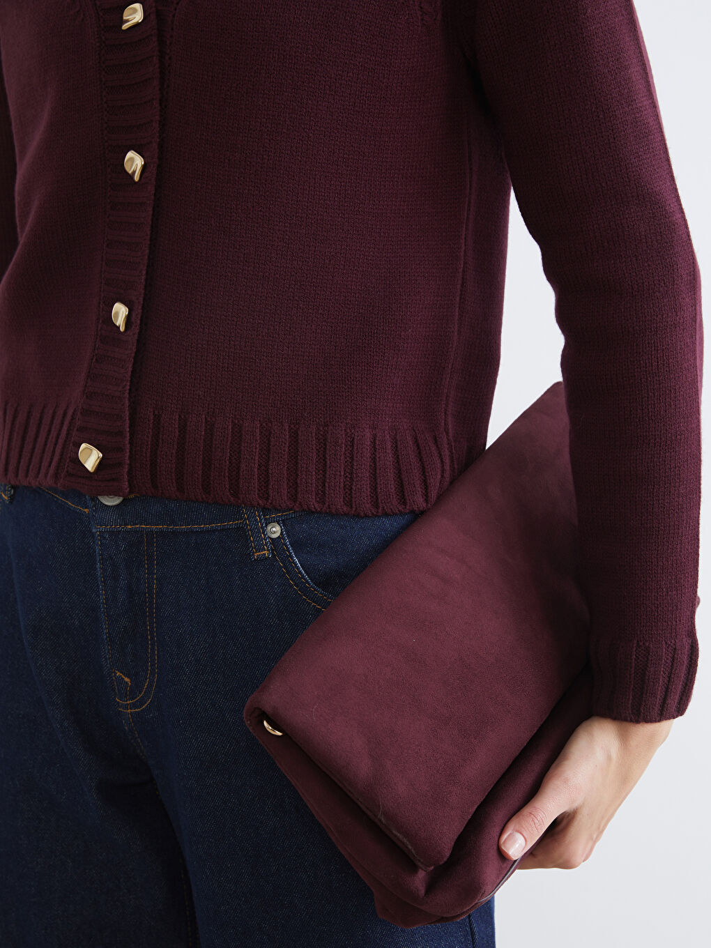 Bordo V Yaka Kendinden Desenli Kadın Triko Hırka	-2