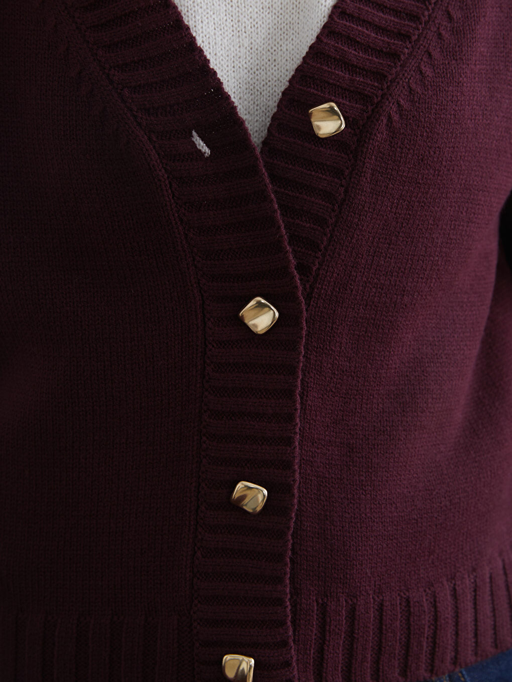 Bordo V Yaka Kendinden Desenli Kadın Triko Hırka	-3