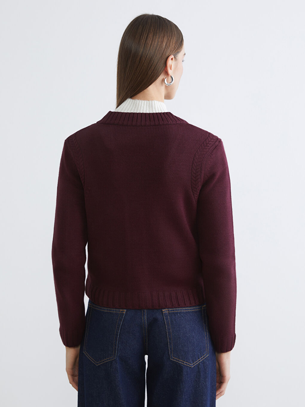 Bordo V Yaka Kendinden Desenli Kadın Triko Hırka	-4