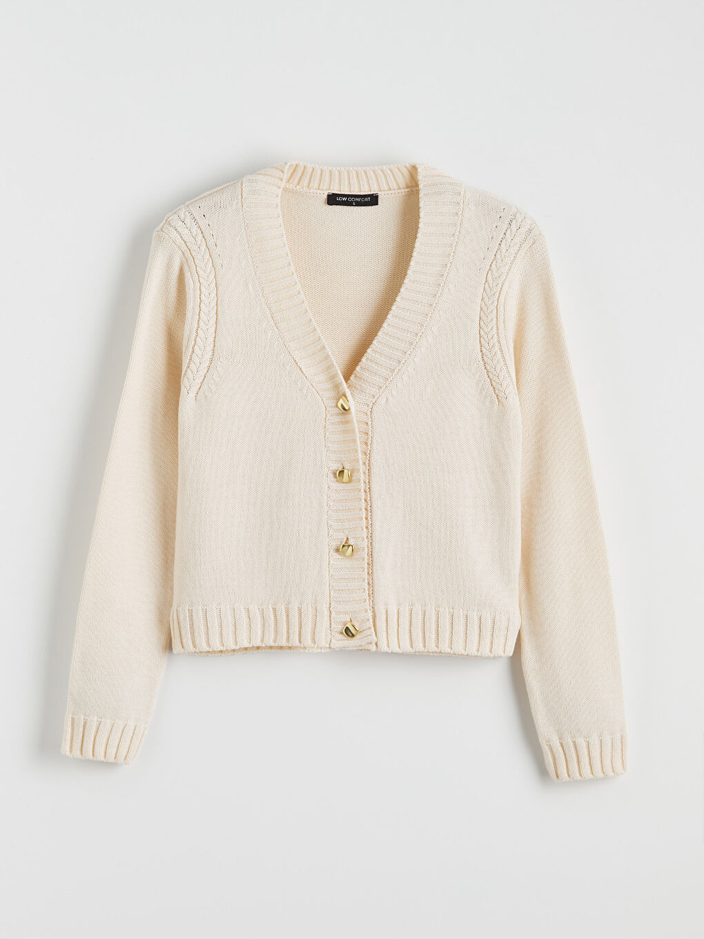 Ekru V Yaka Kendinden Desenli Kadın Triko Hırka	