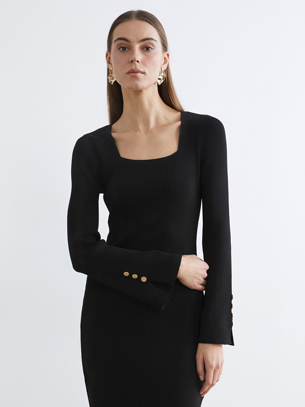 Siyah Kare Yaka Bodycon Triko Elbise-1