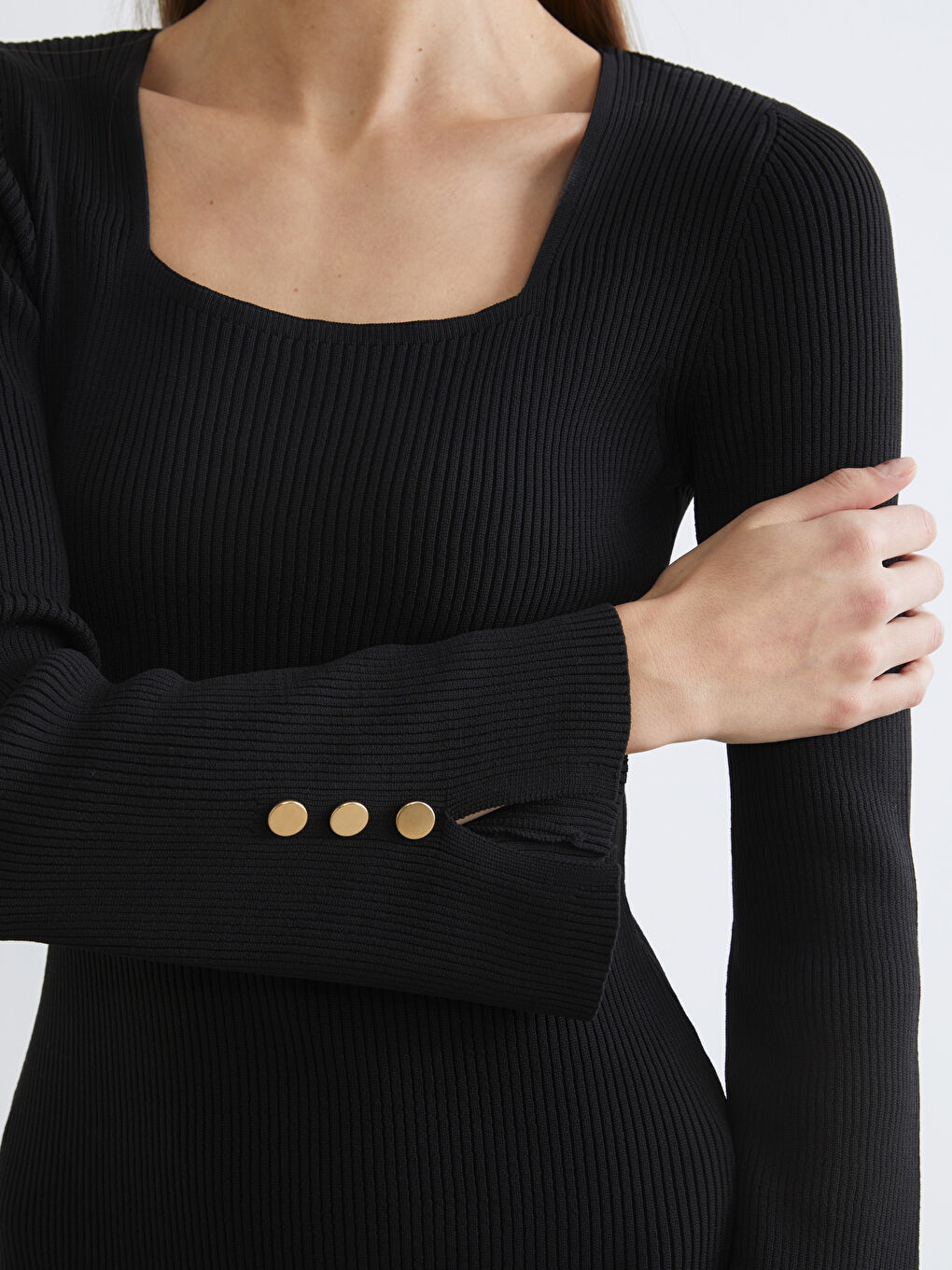 Siyah Kare Yaka Bodycon Triko Elbise-2