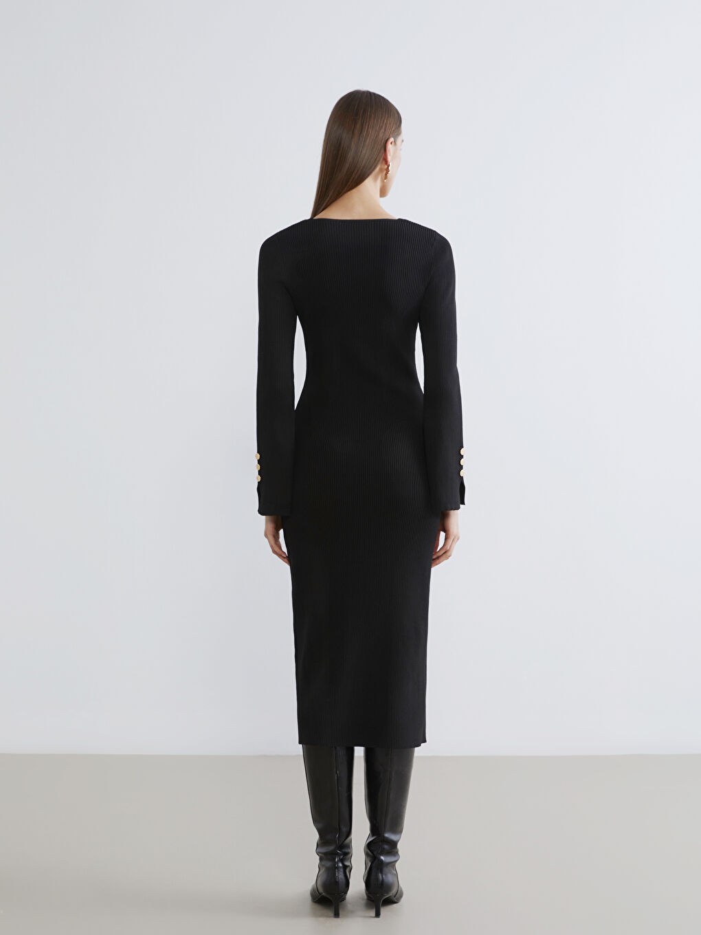 Siyah Kare Yaka Bodycon Triko Elbise-3