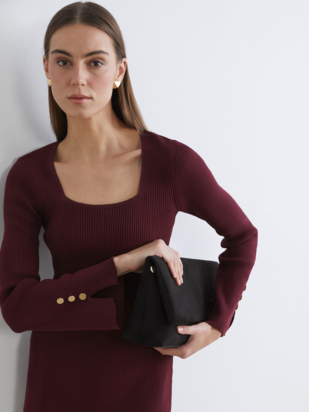 Bordo Kare Yaka Bodycon Triko Elbise-1