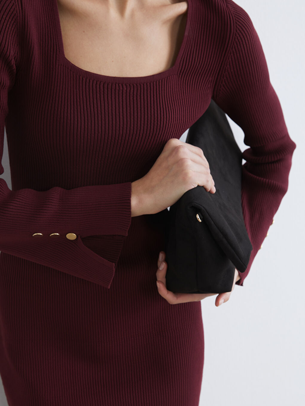 Bordo Kare Yaka Bodycon Triko Elbise-2