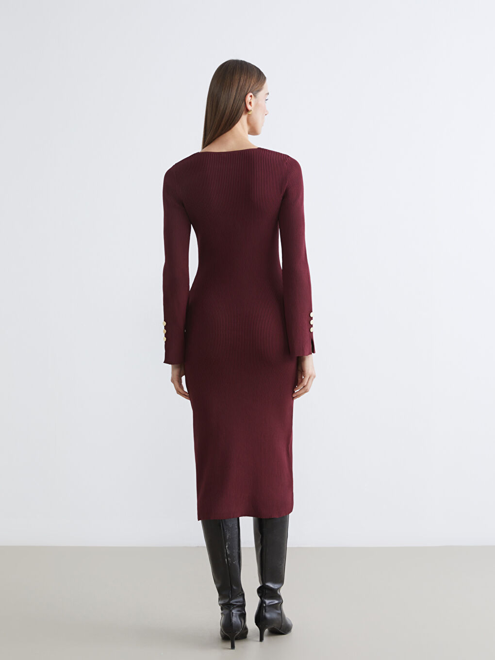 Bordo Kare Yaka Bodycon Triko Elbise-3