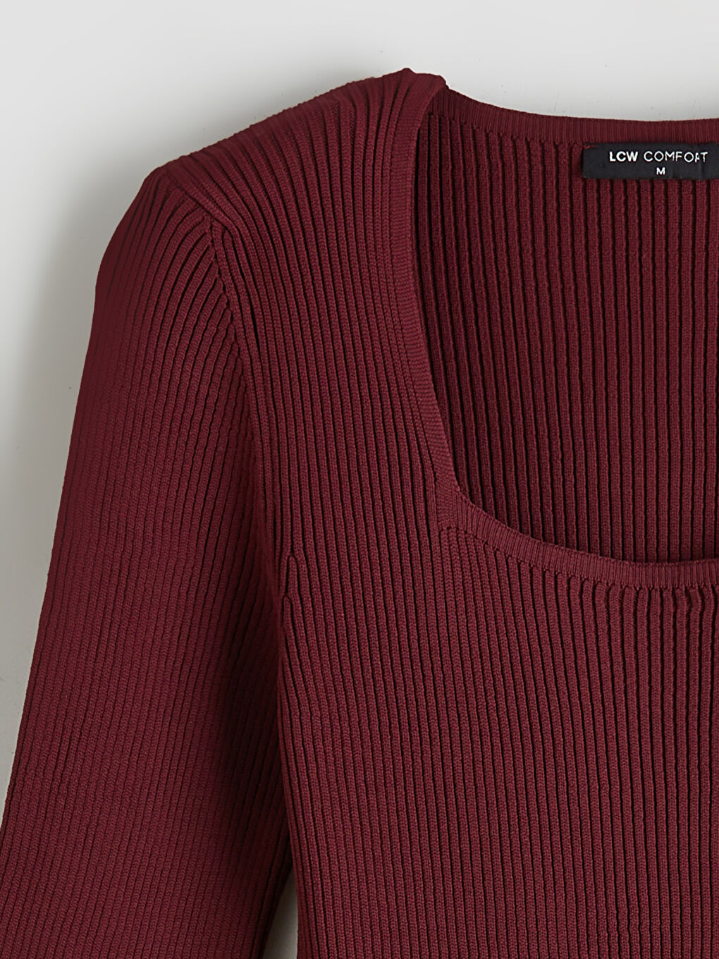 Bordo Kare Yaka Bodycon Triko Elbise-5