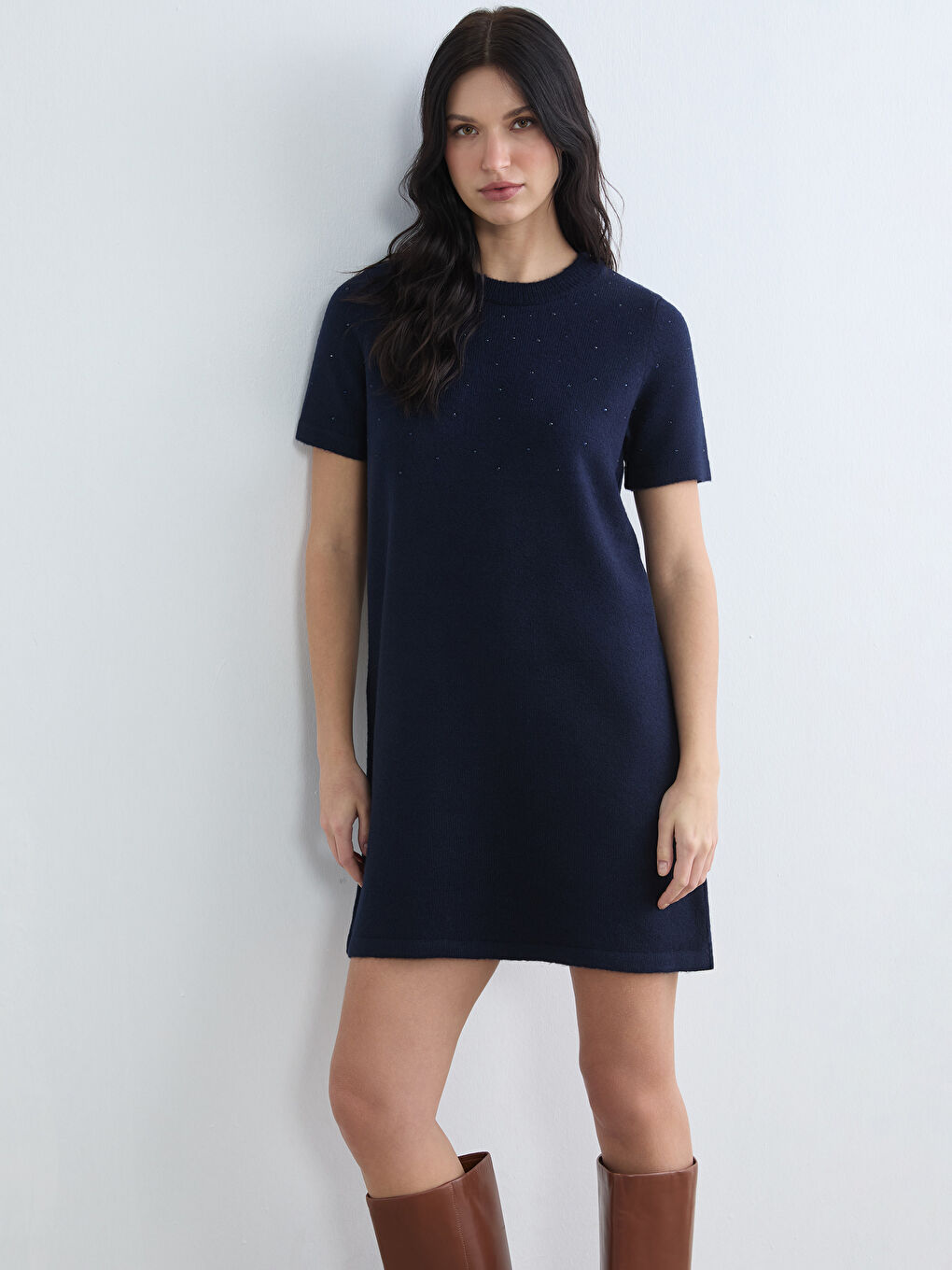 Lacivert Bisiklet Yaka Taşlı Mini Triko Elbise