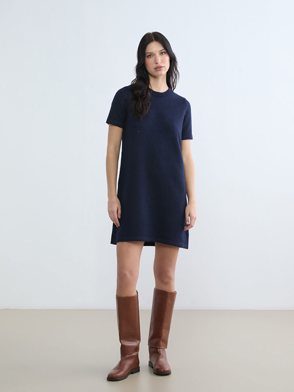 Lacivert Bisiklet Yaka Taşlı Mini Triko Elbise-1