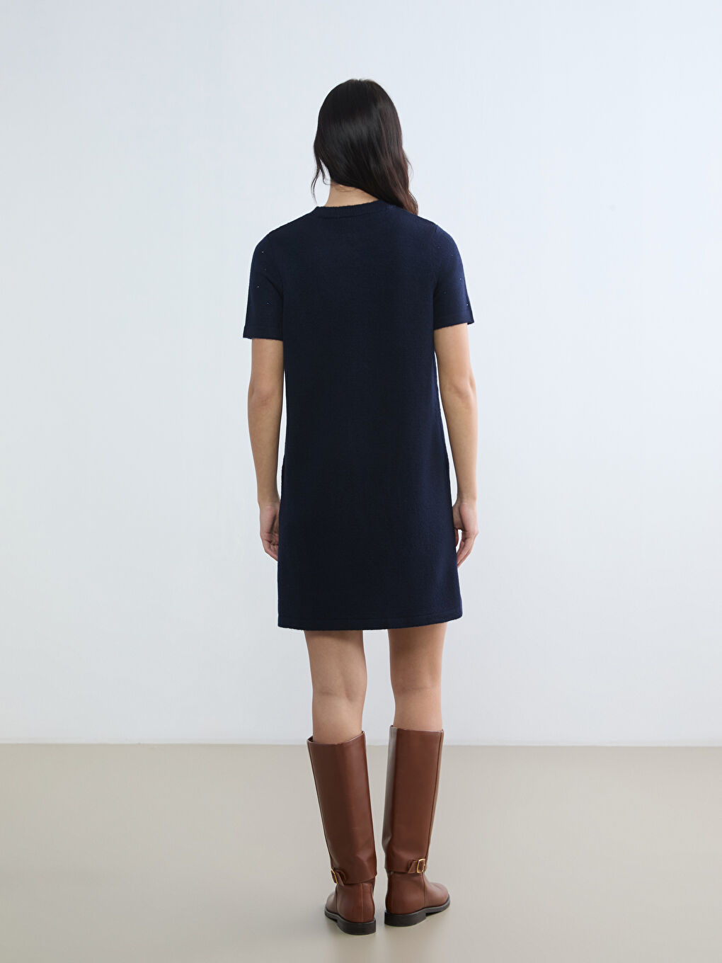 Lacivert Bisiklet Yaka Taşlı Mini Triko Elbise-3