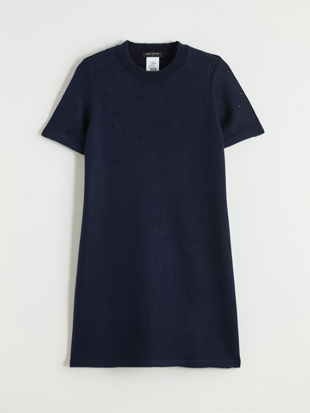 Lacivert Bisiklet Yaka Taşlı Mini Triko Elbise-4