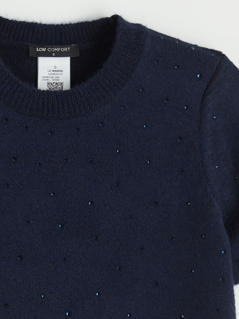 Lacivert Bisiklet Yaka Taşlı Mini Triko Elbise-5