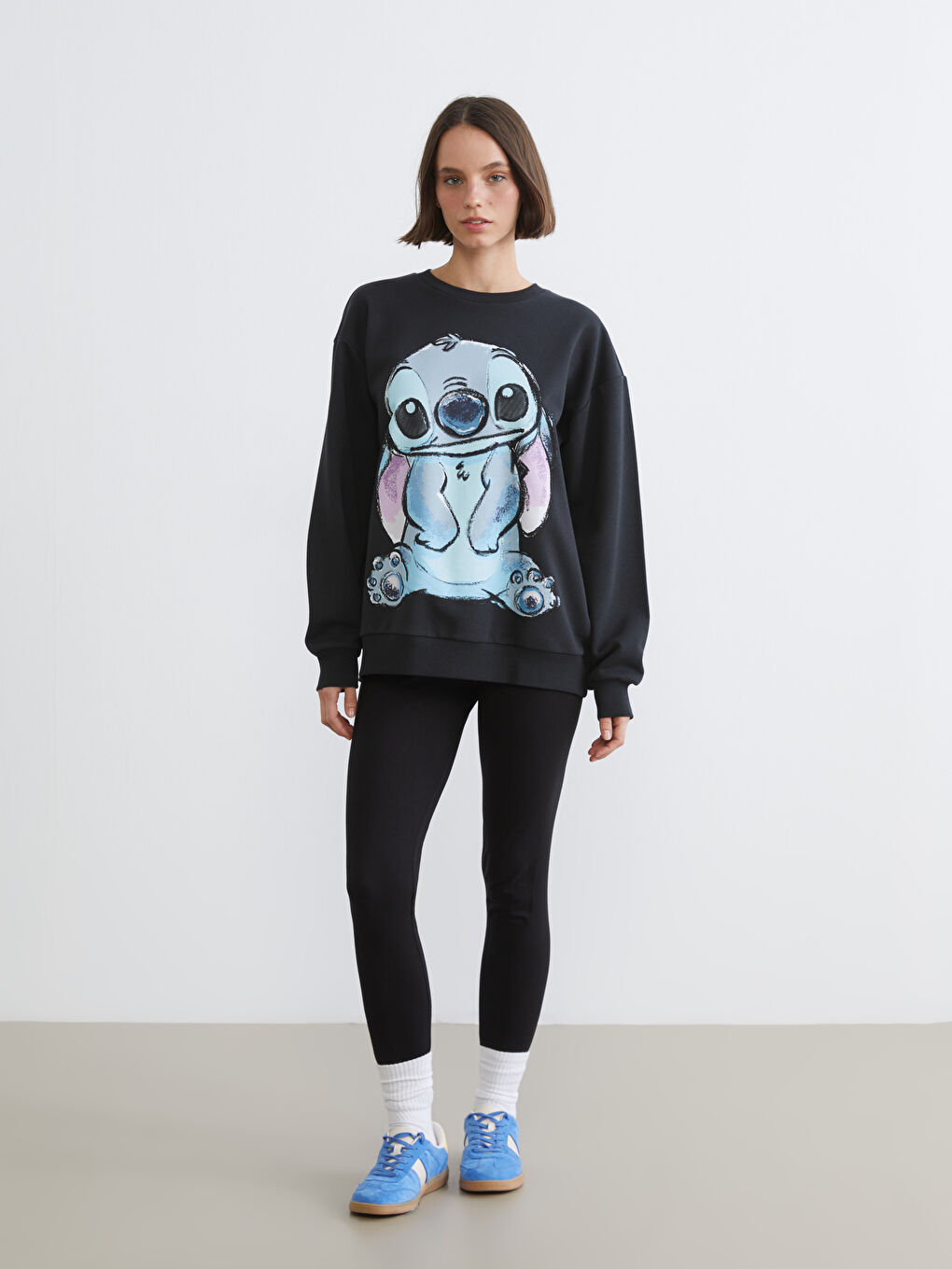 Antrasit Stitch Baskılı Oversize Kadın Kalın Sweatshirt-1