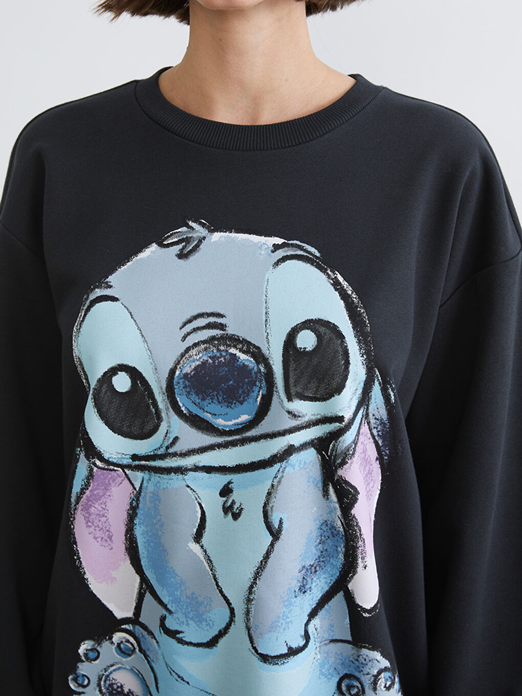 Antrasit Stitch Baskılı Oversize Kadın Kalın Sweatshirt-2