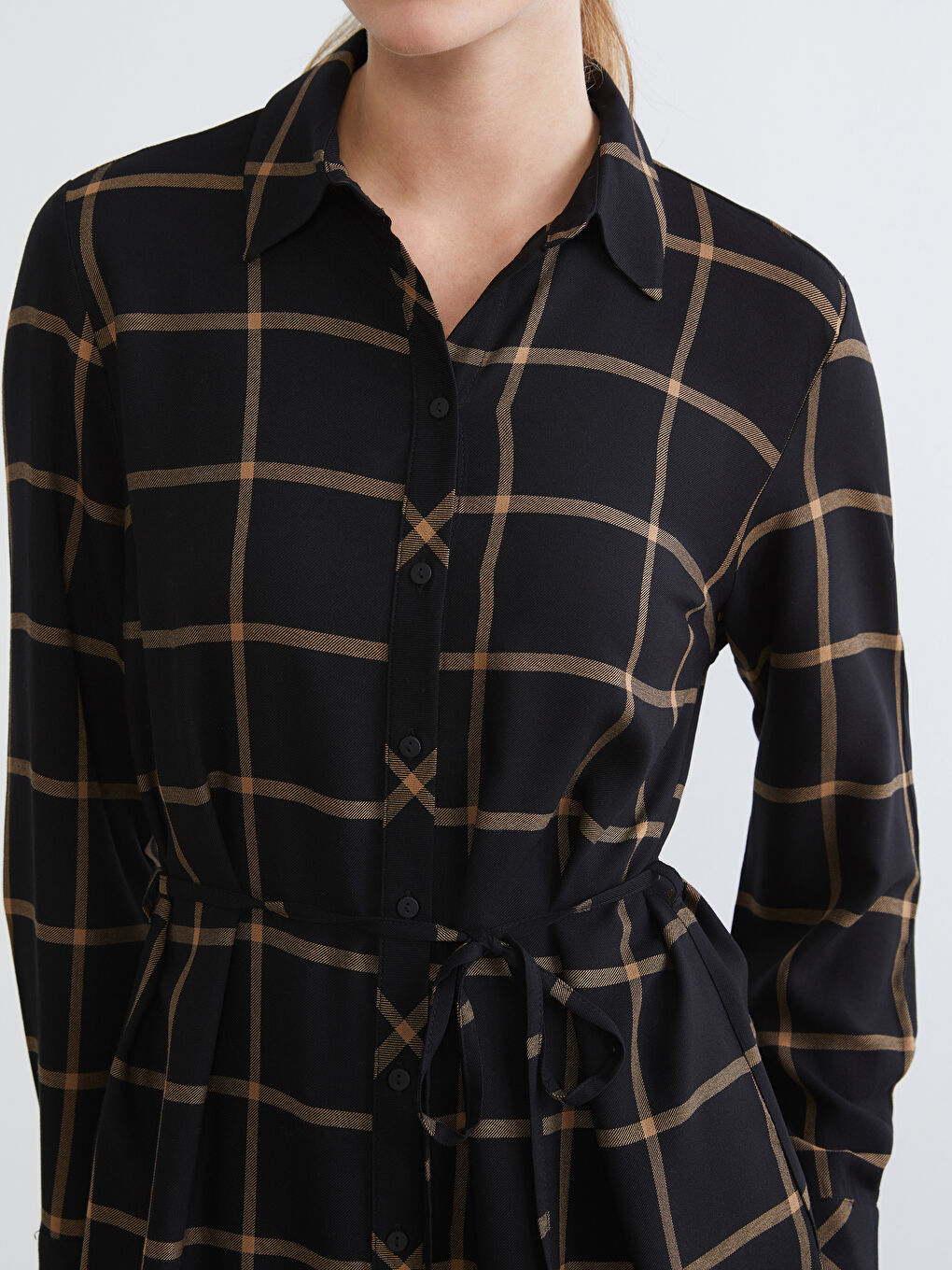 Siyah Beli Kuşaklı Ekose Kadın Gömlek Tunik-2