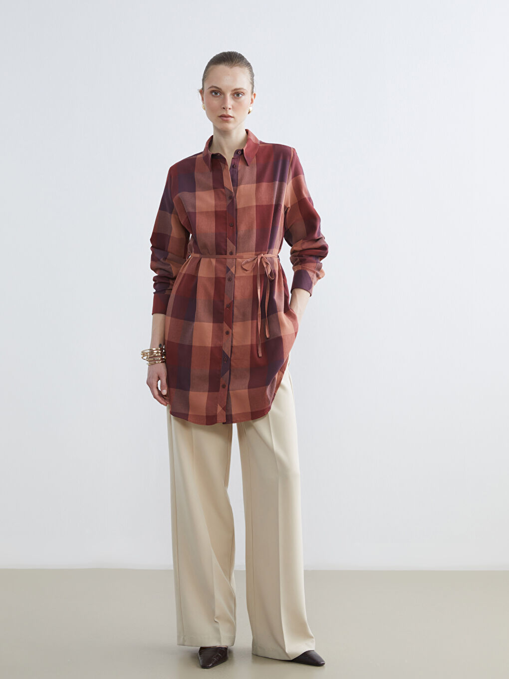 Mor Beli Kuşaklı Ekose Kadın Gömlek Tunik-1