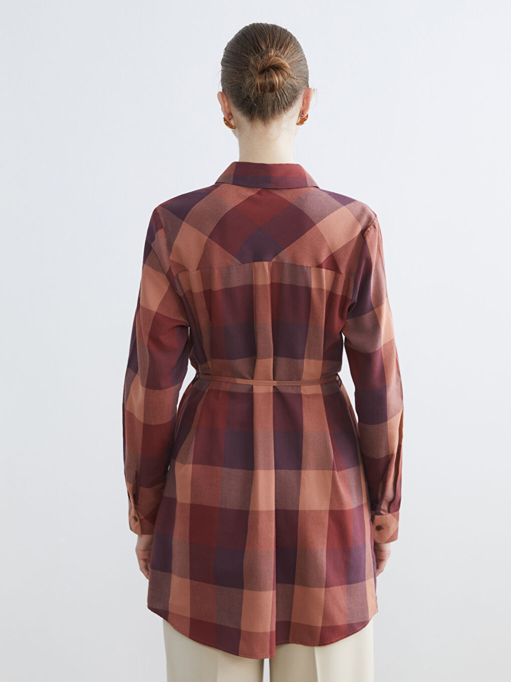 Mor Beli Kuşaklı Ekose Kadın Gömlek Tunik-3