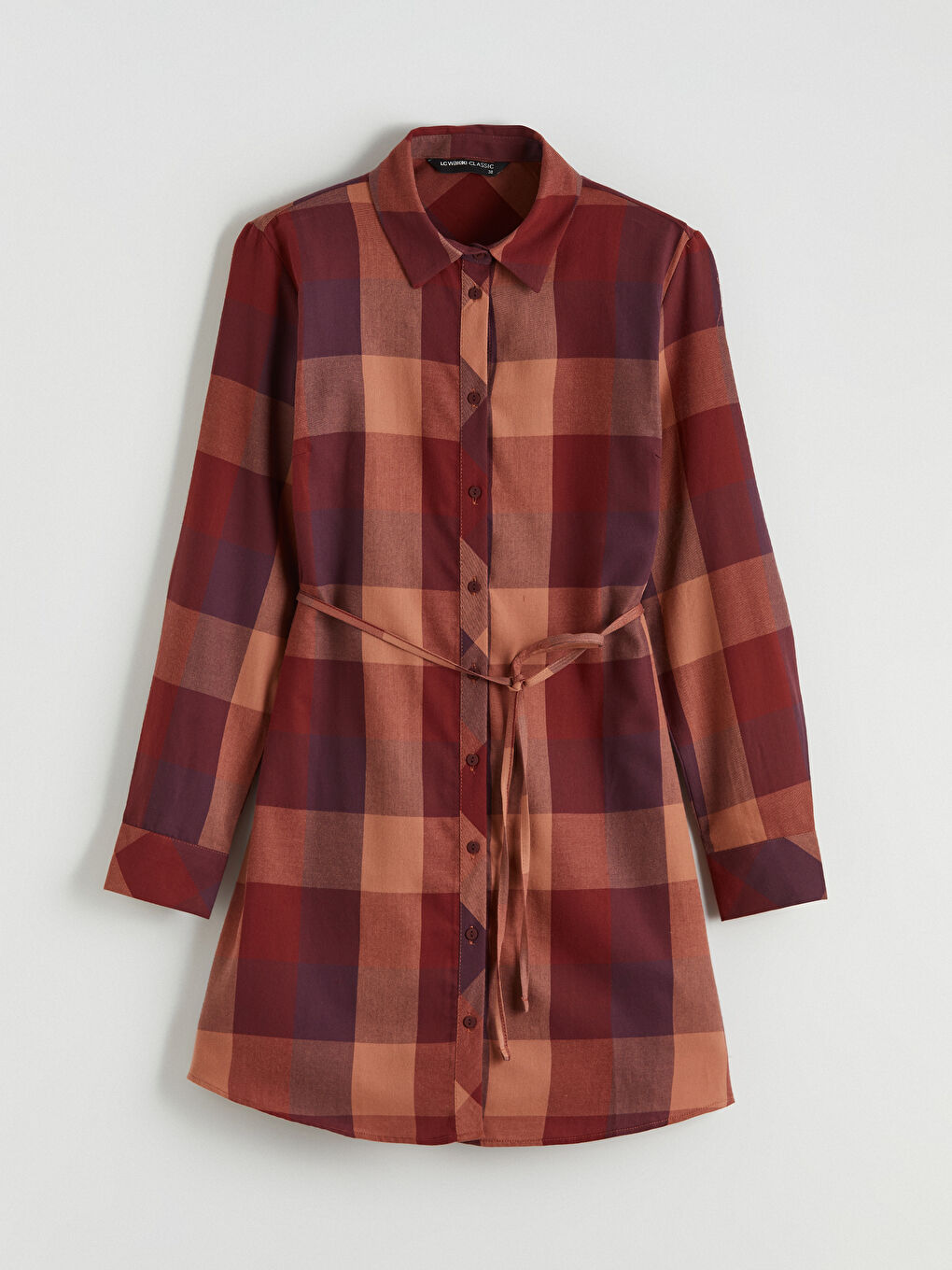 Mor Beli Kuşaklı Ekose Kadın Gömlek Tunik-4