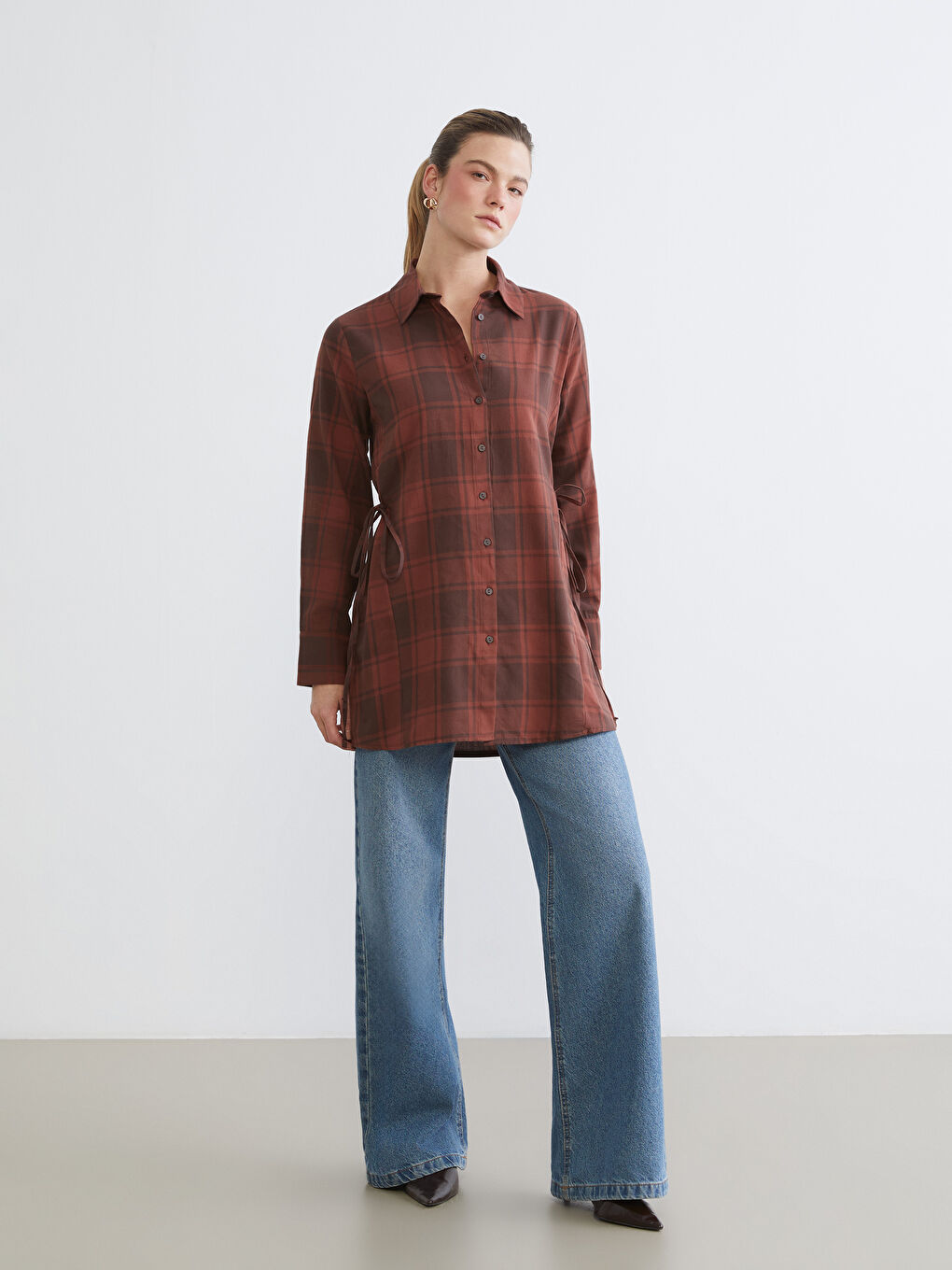 Kahverengi Ekose Kadın Gömlek Tunik-1