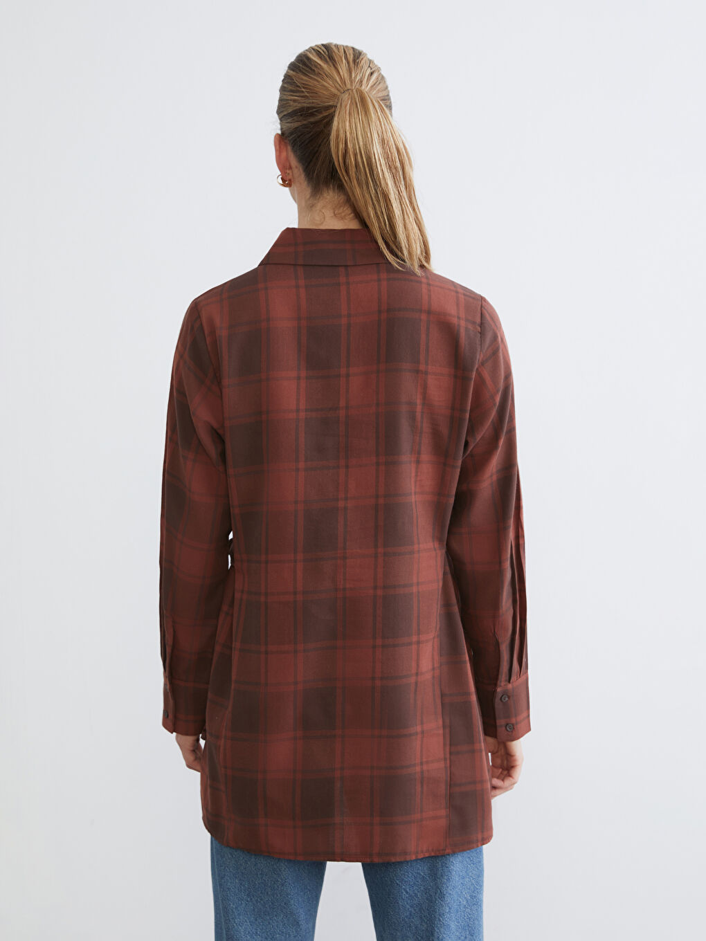 Kahverengi Ekose Kadın Gömlek Tunik-3