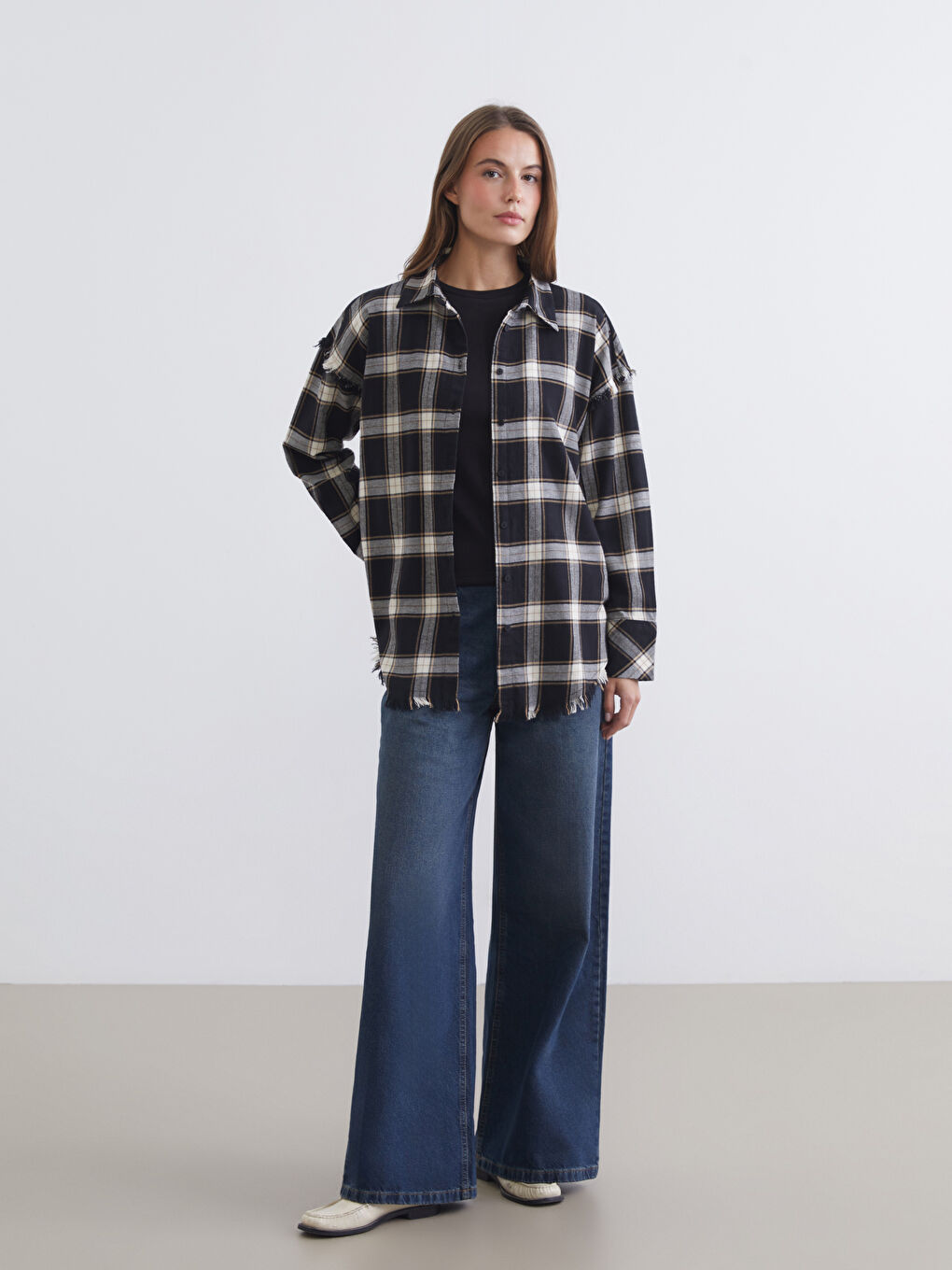 Siyah Ekose Kadın Gömlek-1