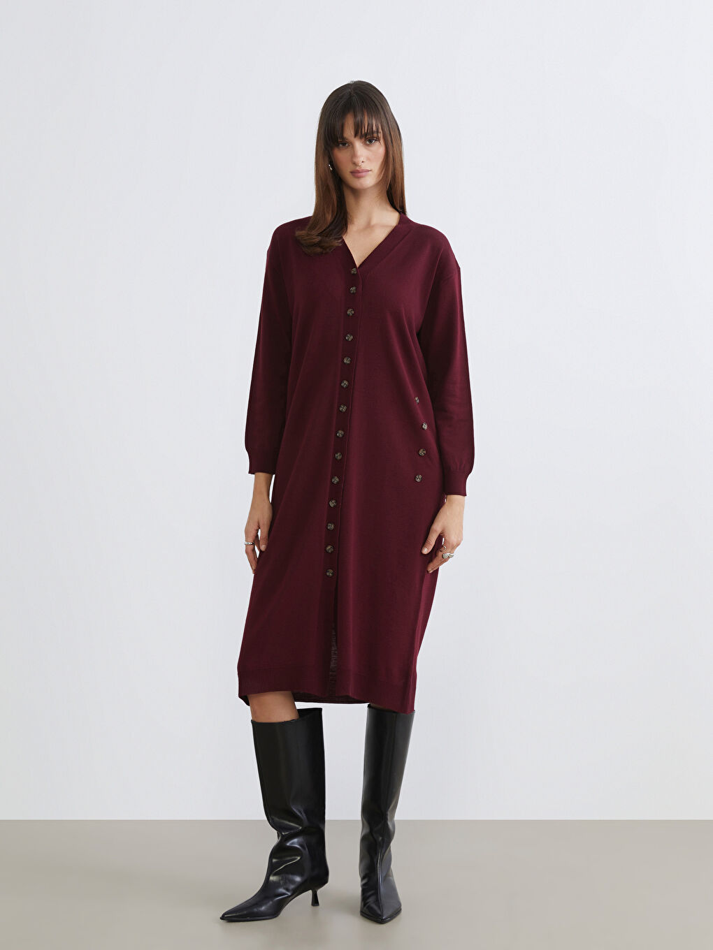 Mor V Yaka Büzgülü Triko Elbise-1