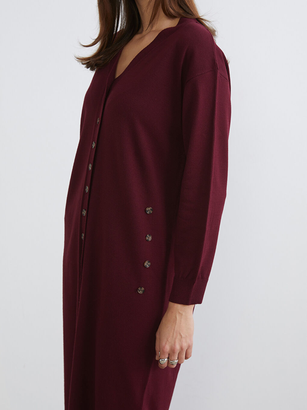 Mor V Yaka Büzgülü Triko Elbise-2