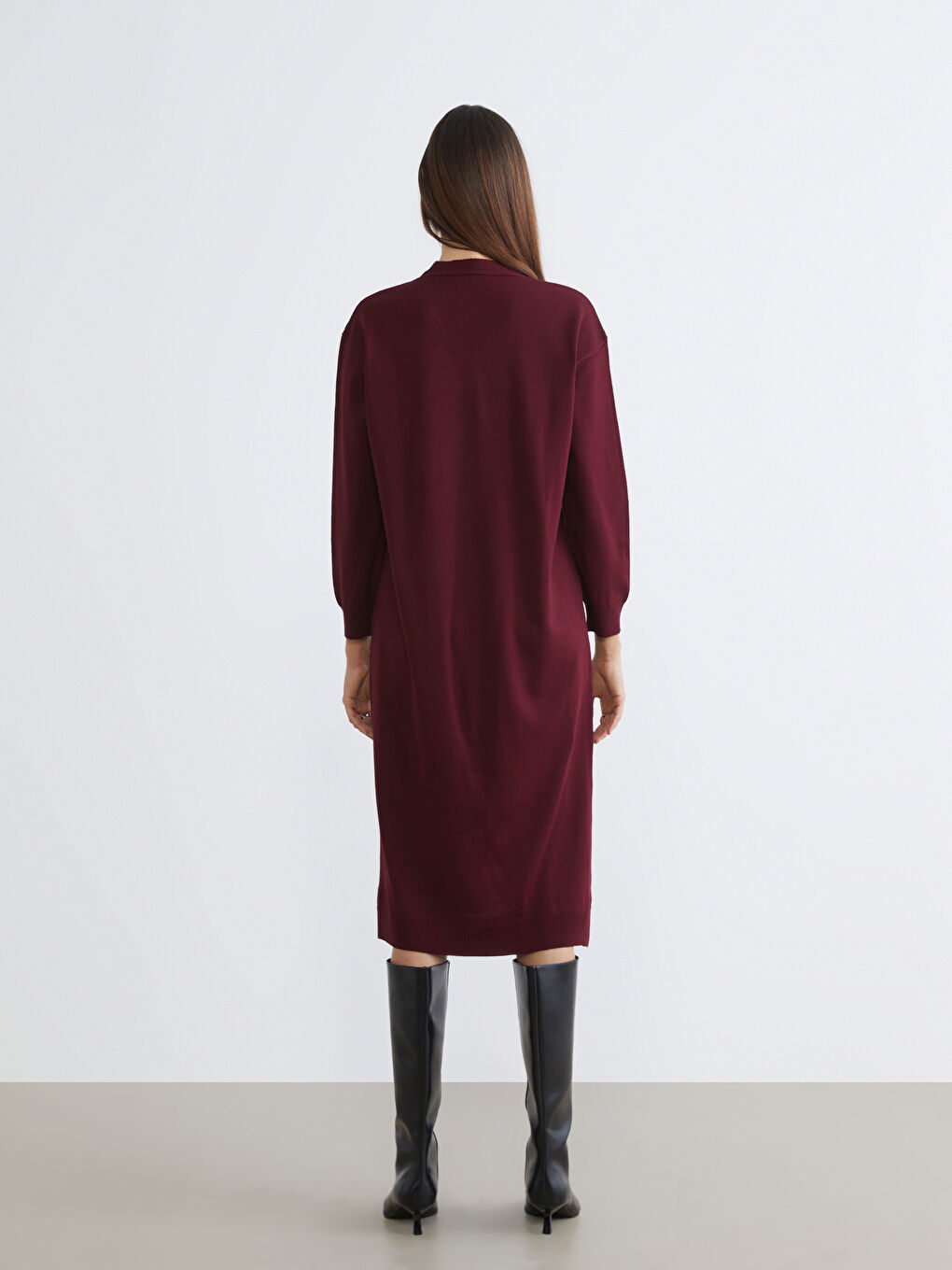 Mor V Yaka Büzgülü Triko Elbise-3